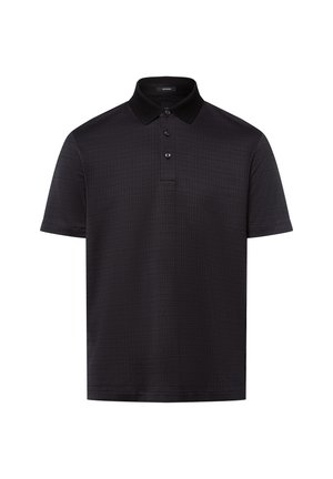 Zwarte polo met korte mouwen, voorzien van een gestructureerd patroon, een knoopsluiting met twee knopen en een contrasterende zwarte kraag.