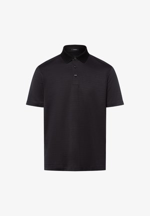 Zwarte polo met korte mouwen, voorzien van een gestructureerd patroon, een knoopsluiting met twee knopen en een contrasterende zwarte kraag.