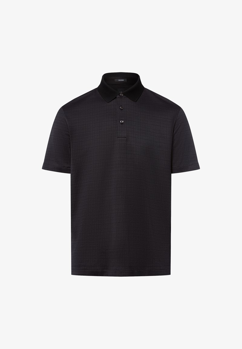 Polo shirt noir à manches courtes avec un motif texturé, un plastron à deux boutons et un col noir contrastant.