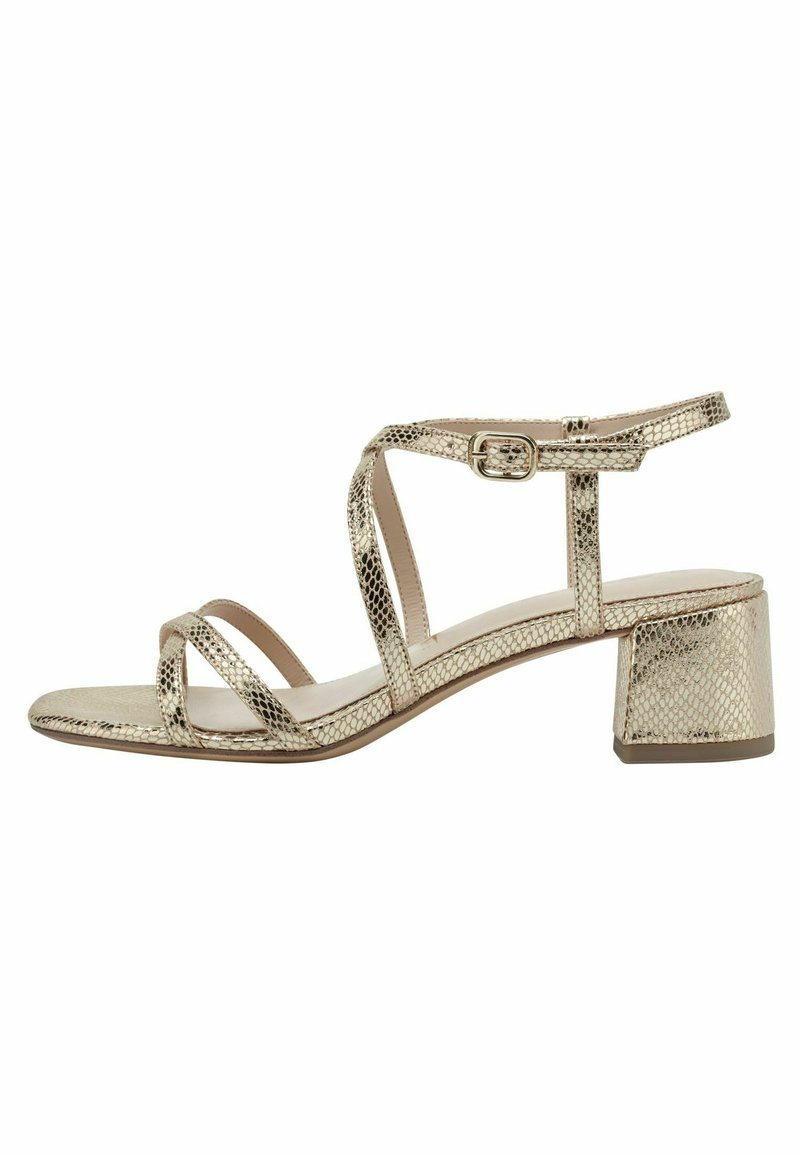 Gold metallic snakeskin-patterned strappy sandal with ankle buckle and low block heel, side view on white background.