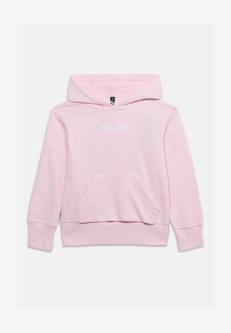 Ανοιχτό ροζ φούτερ Adidas με κουκούλα, μπροστινή τσέπη καγκουρό και ριμπ τελειώματα στα μανίκια και στο κάτω μέρος.
