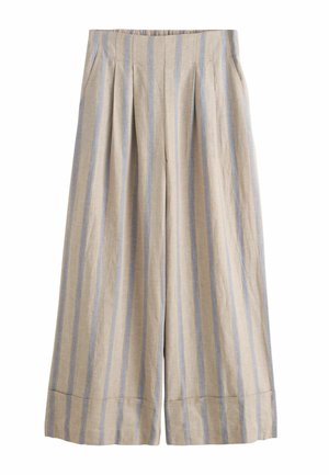Beige linen palazzo pants with blue vertical stripes, featuring a wide cut, pleats at the waist, and a cuffed hem.