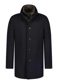 Cappotto da uomo di colore blu navy scuro con quattro bottoni frontali e colletto interno imbottito con zip di colore verde oliva.