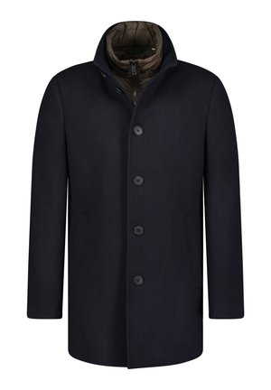 Manteau pour homme bleu marine foncé avec quatre boutons sur le devant et un col intérieur rembourré zippé en olive.