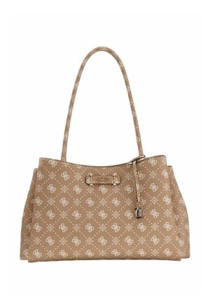 Sac cabas beige avec un motif de logos et motifs blancs, présentant une texture lisse, deux bretelles d'épaule et des accents de quincaillerie dorée.