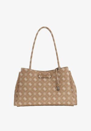 Sac cabas beige avec un motif de logos et motifs blancs, présentant une texture lisse, deux bretelles d'épaule et des accents de quincaillerie dorée.
