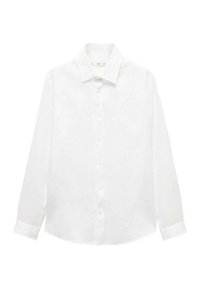 Witte lange mouwen blouse van lichtgewicht stof. Beschikt over een klassieke kraag, een door knopen sluitende voorkant, en een rechte zoom met knoopmanchetten.