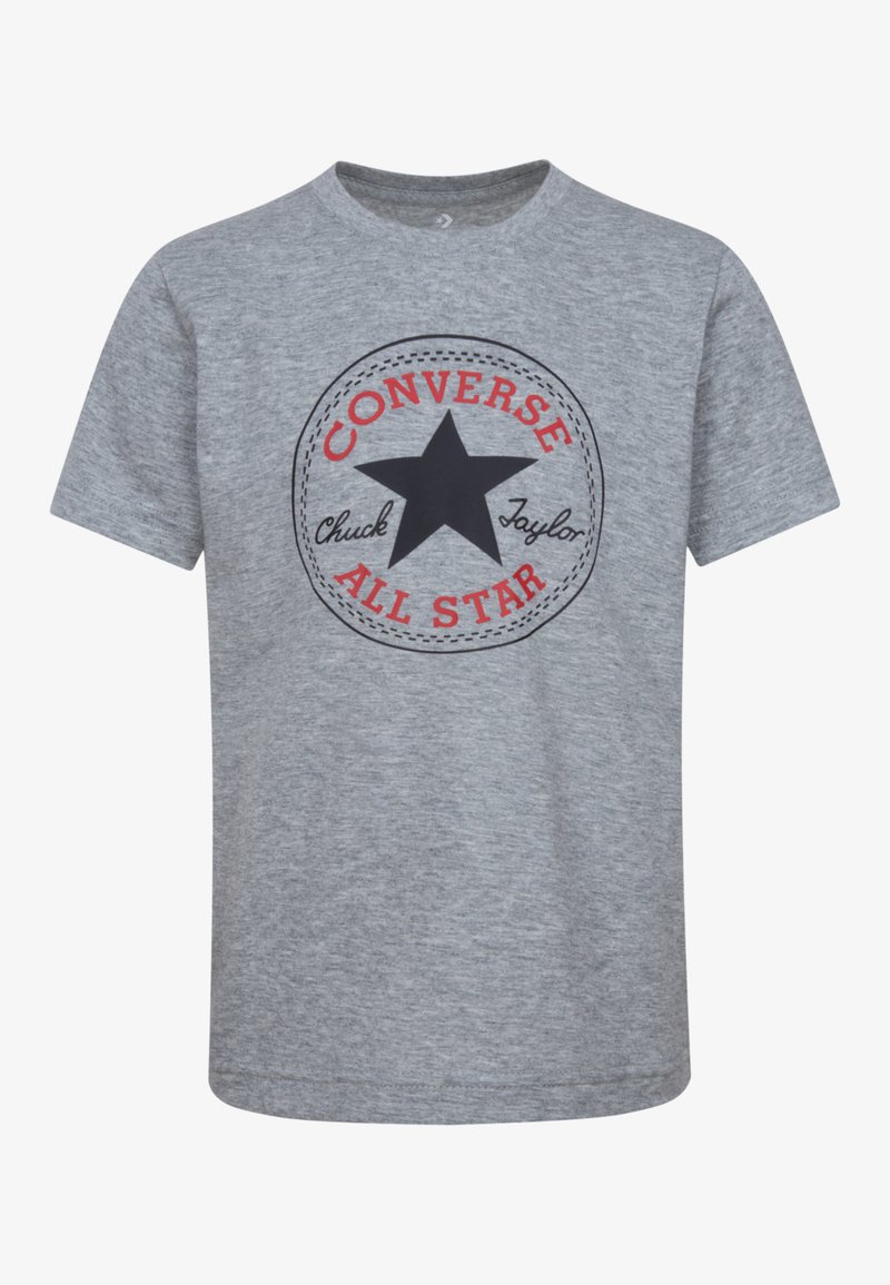 Gray cotton t-shirt featuring a circular graphic with a black star, red "Converse" text, and "Chuck Taylor All Star" lettering. Short sleeves.