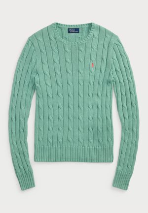 Mintgrønn kabelstrikket genser med ribbestrikket rund hals og mansjetter. Har en liten rød logo på brystet.