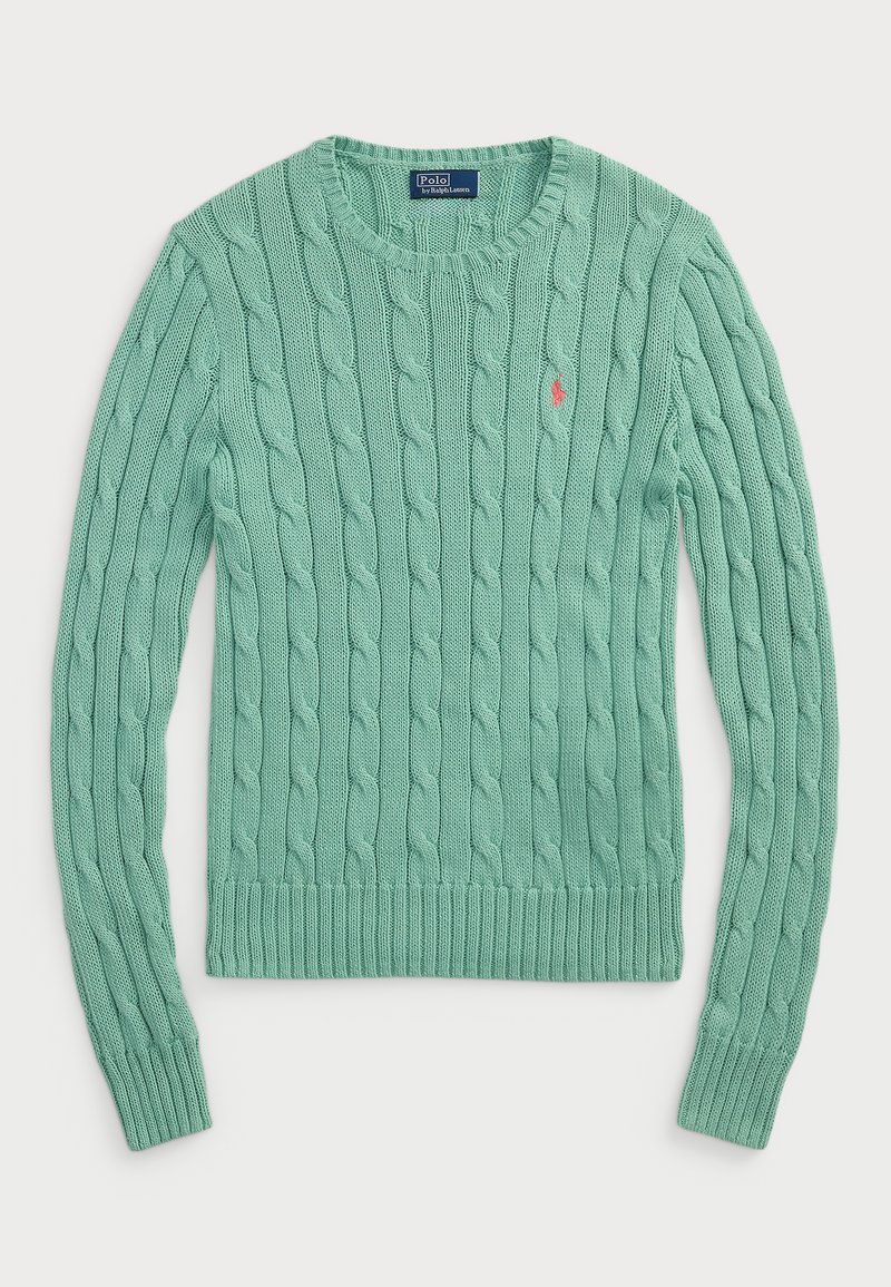 Svetr v mátové barvě s pleteným vzorem a žebrovaným kulatým výstřihem a manžetami. Na hrudi se nachází malé červené logo.