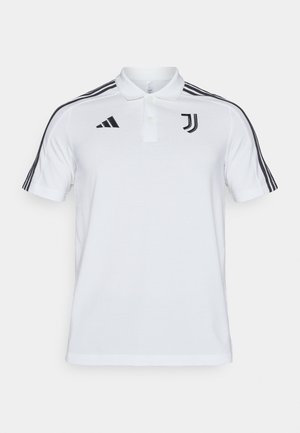 Weißes Poloshirt mit drei schwarzen Streifen auf jeder Schulter, schwarzes Adidas-Logo und Juventus-Emblem auf der Brust. Baumwollmaterial.