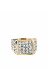 Bague en or arborant un visage rectangulaire orné d'une grille de pierres transparentes, entourée de bandes en argent finement tressées. Fini poli.