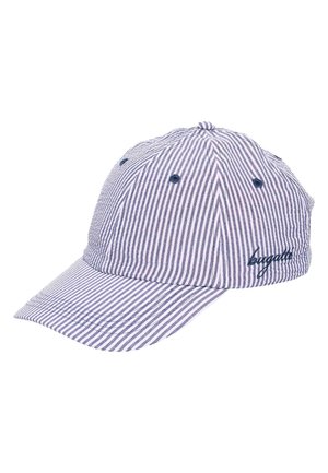 Blue and white striped baseball cap with a curved brim and embroidered "bugatti" logo on the side.