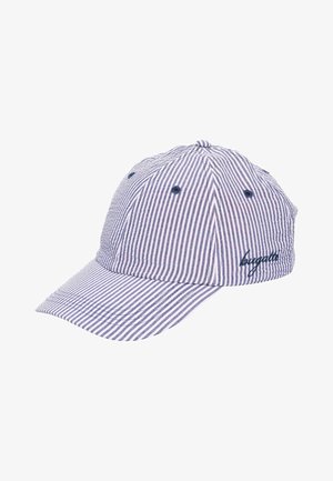 Blue and white striped baseball cap with a curved brim and embroidered "bugatti" logo on the side.
