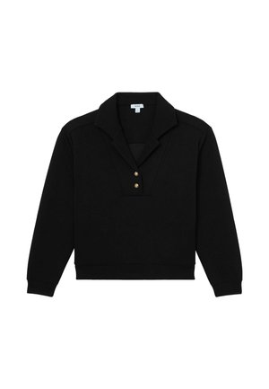 Schwarzer Pullover mit Kragen, halber Knopfleiste mit zwei goldenen Knöpfen sowie gerippten Bündchen und Saum. Weiche Stoffstruktur.