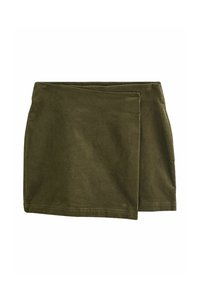 Olívazöld, csomózott stílusú szoknya, puha anyagból készült. Egyszerű dizájn, egyenes vonalú szabás és tiszta szegély jellemzi. Nincs látható fém vagy minta.