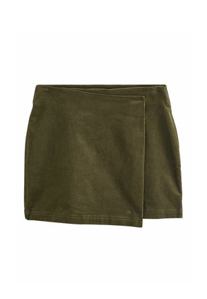 Olivgrüner Wickelrock aus weichem Stoff. Merkmale ein einfaches Design mit geradem Schnitt und sauberem Saum. Keine sichtbaren Metallelemente oder Muster.