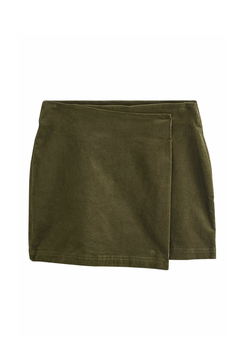 Olívazöld, csomózott stílusú szoknya, puha anyagból készült. Egyszerű dizájn, egyenes vonalú szabás és tiszta szegély jellemzi. Nincs látható fém vagy minta.