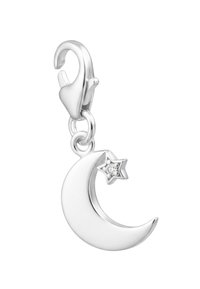 Ciondolo d'argento raffigurante una luna crescente con una piccola stella accentuata da una gemma. Progettato con un moschettone per l'attacco.