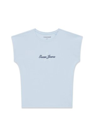 Világoskék póló, kerek nyakkivágással és széles rövid ujjakkal. A "Guess Jeans" logó tengerészkék színben, alatta csillagmintával hímezve.