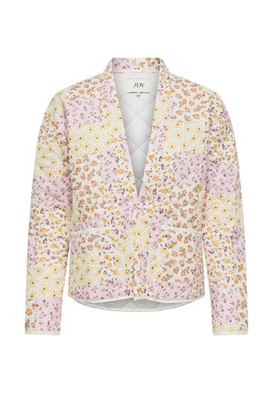 Tikitud jakk avatud eesosaga, pikkade varrukatega, taskutega ning segatud pastelltoonides kollase, oranži, valge ja roosa lillemustritega.