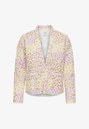 Tikitud jakk avatud eesosaga, pikkade varrukatega, taskutega ning segatud pastelltoonides kollase, oranži, valge ja roosa lillemustritega.