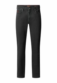 Zwarte denim jeans met een rechte pasvorm, voorzien van voorzakken, een knoopsluiting en contrasterende stiksels.