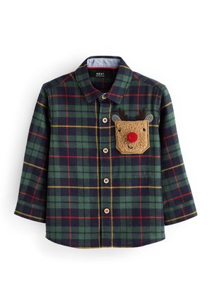 Dziecięca koszula w zieloną, granatową i czerwoną kratę, zapinana na guziki, z długimi rękawami i brązową kieszenią z uśmiechniętą twarzą renifera z czerwonym nosem.