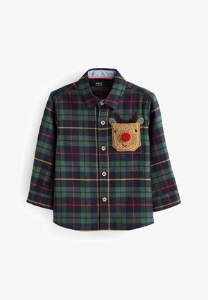 Chemise à carreaux verts, bleu marine et rouges pour enfant, à boutons, manches longues, avec une poche marron ornée d'un visage de renne souriant avec un nez rouge.