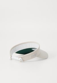 Beige visor hat with a green underside, adjustable elastic band, and "Daily" embroidered on the side. Designed for sun protection.