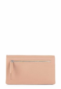 Pink leather wallet with a textured finish, featuring a front zip pocket and minimalistic design. Rectangular shape, no visible hardware.