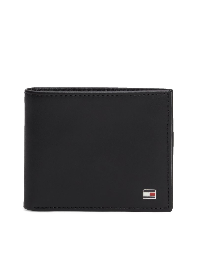 Black leather wallet with a smooth texture, bi-fold design, and a small logo accent in red, white, and blue on the bottom right corner.