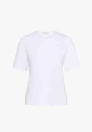 Camiseta blanca de manga corta hecha de algodón suave, con cuello redondo y corte relajado. Textura suave sin patrones ni acentos.