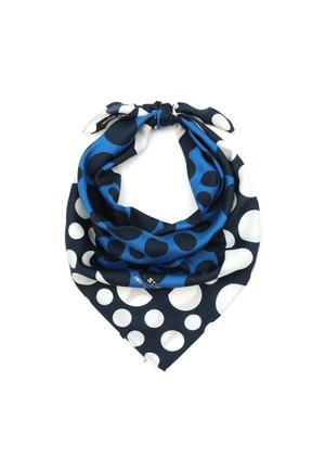 Écharpe bleue et marine avec de grands et petits pois blancs et noirs, nouée en un nœud lâche.