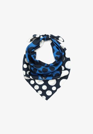 Écharpe bleue et marine avec de grands et petits pois blancs et noirs, nouée en un nœud lâche.