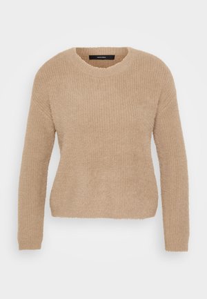 Beige pletený svetr s dlouhými rukávy, kulatým výstřihem a měkkou, texturovanou tkaninou. Obsahuje volný střih a žebrovaný design.