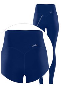 Tengerészkék, magas derekú leggings, rugalmas anyagból, sima felülettel és diszkrét logóval a derékrészen.