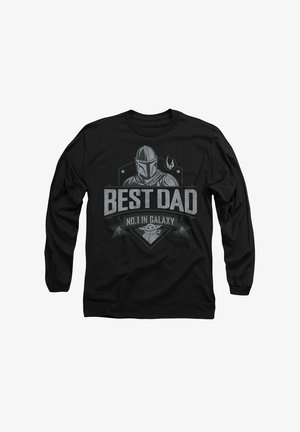 Black long-sleeve t-shirt featuring a graphic design with a helmeted figure, text "BEST DAD NO. 1 IN GALAXY," and character illustration.