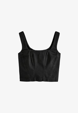 Schwarzes Denim-Crop-Top mit breiten Trägern, strukturiertem Oberteil mit vertikalen Nähten und taillierter Passform. Glatte Textur und klare Linien.