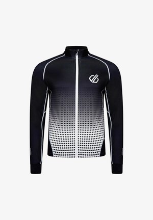 Chaqueta deportiva negra con cremallera, diseño de degradado de puntos blancos, cuello alto y ribete blanco contrastante a lo largo de las costuras.