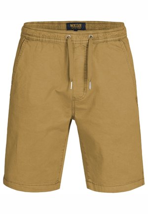 Pantaloni corti khaki in cotone, con una vita elastica con coulisse, tasche laterali e una vestibilità rilassata, con cuciture a vista.