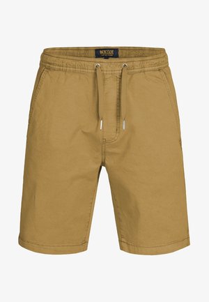 Khaki shorts made of cotton, featuring an elastic waistband with drawstrings, side pockets, and a relaxed fit, with visible seam stitching.