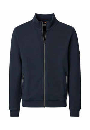 Marineblaue Reißverschlussjacke mit Stehkragen, strukturiertem Stoff, langen Ärmeln und seitlichen Reißverschlusstaschen, präsentiert vor weißem Hintergrund.