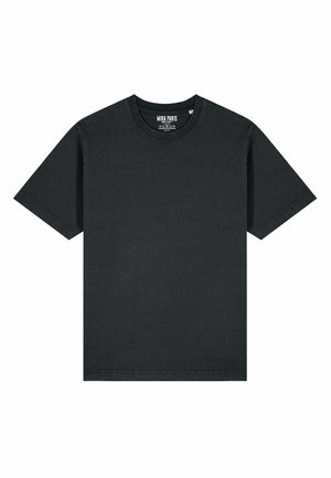 T-shirt nera a maniche corte in cotone. Presenta un colletto rotondo, taglio dritto e una texture sobria con un'etichetta al colletto.