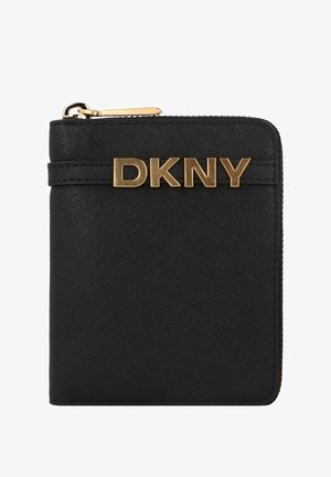 Black leather wallet with textured surface. Features a gold-tone "DKNY" logo on the front and a zip closure along the edge.
