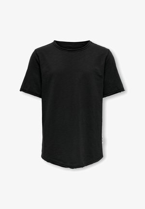 Sort kortærmet t-shirt med rund halsudskæring, buet kant og slidte detaljeringer. Fremstillet af blødt, tekstureret stof.
