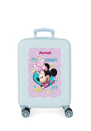 Maleta azul clara con ruedas que presenta a Minnie Mouse con un lazo rosa de lunares, rodeada de corazones, lazos y las palabras "Minnie Smart Me".