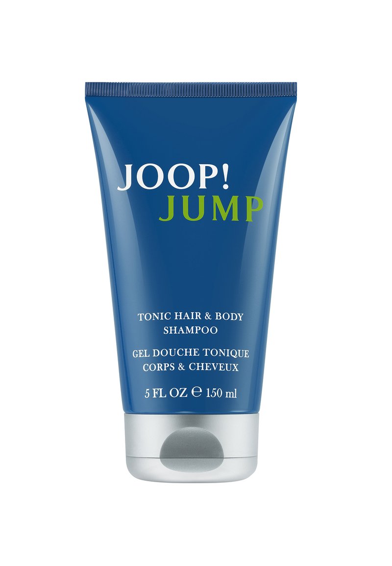 Sininen muoviputki, jonka pohja on hopea, ja jossa lukee "JOOP! JUMP Tonic Hiusten ja Kehon Shampoo". Pakkauksessa on valkoista ja vihreää tekstiä, ja sen kapasiteetti on 150 ml.