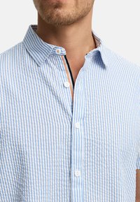 Lichtblauwe en grijs gestreepte kortefblouse met een button-down kraag en witte knopen. Heeft een contrasterende binnenste sluiting.