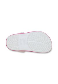 Witte rubberen zool met een gestructureerd grippatroon en roze accenten langs de randen. Kenmerkt zich door een gladde, vlakke vorm voor comfort.